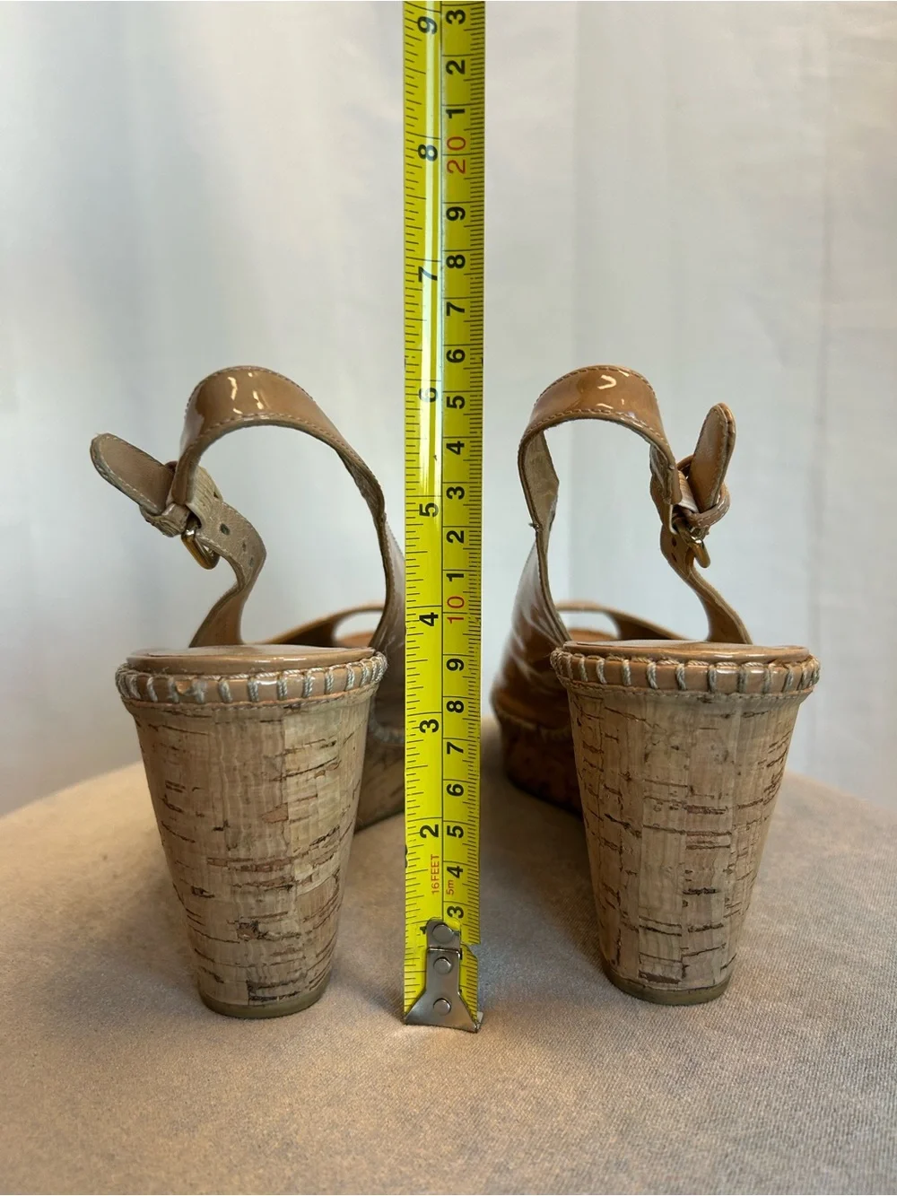 Stuart Weitzman beige jean Patent Peep-Toe Cork Wedge Slingbacks Nude 8.5 - Picture 6 of 8